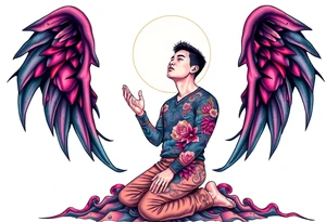 Handsome Asian young guy is standing on his knees apologising tattoo idea