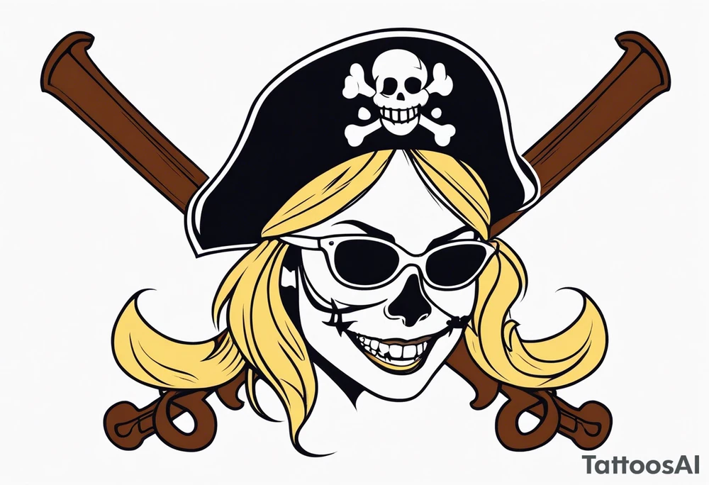 create a pirate flag with a feminine skull with two blonde pigtails and crossbones  wearing glasses. no hat tattoo idea