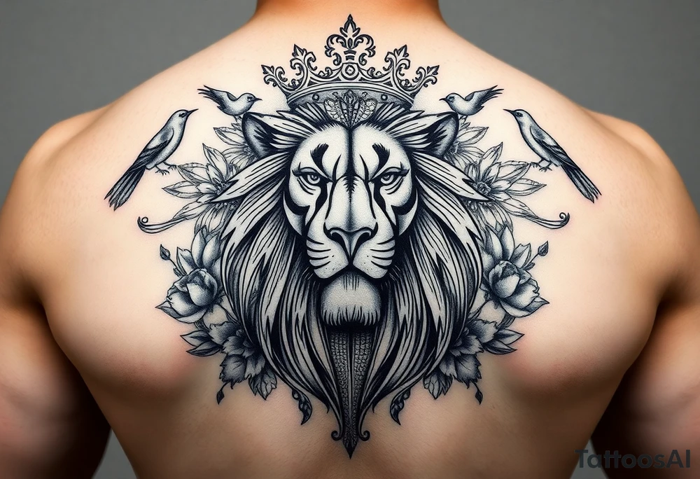 powerful majestic lion with a crown, surrounded by floral ornaments and birds tattoo idea