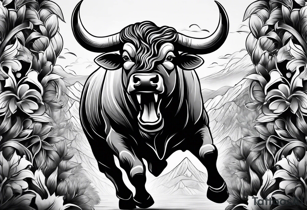 Large bull with horns busting through crowd tattoo idea