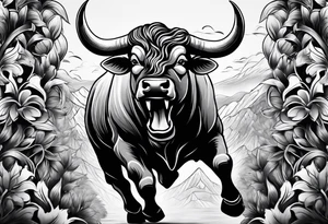 Large bull with horns busting through crowd tattoo idea