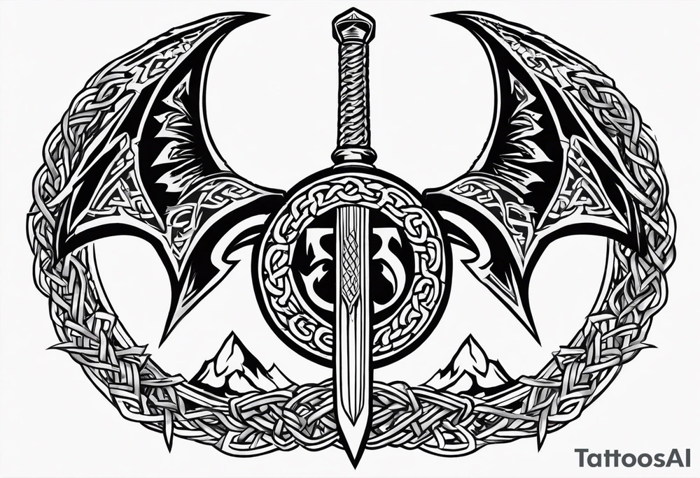 Valhalla sword shield dragon axe Valknut barbed wire chains tribal tattoo idea