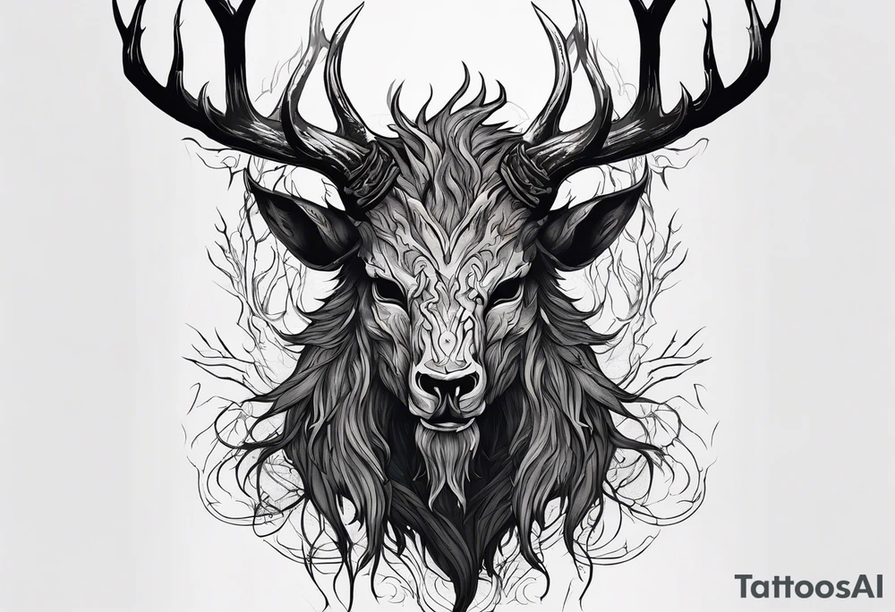 A TERRIFYING decaying lore accurate wendigo surrounded by a forest fire in background tattoo idea