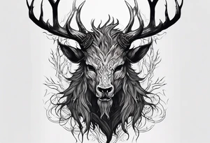 A TERRIFYING decaying lore accurate wendigo surrounded by a forest fire in background tattoo idea