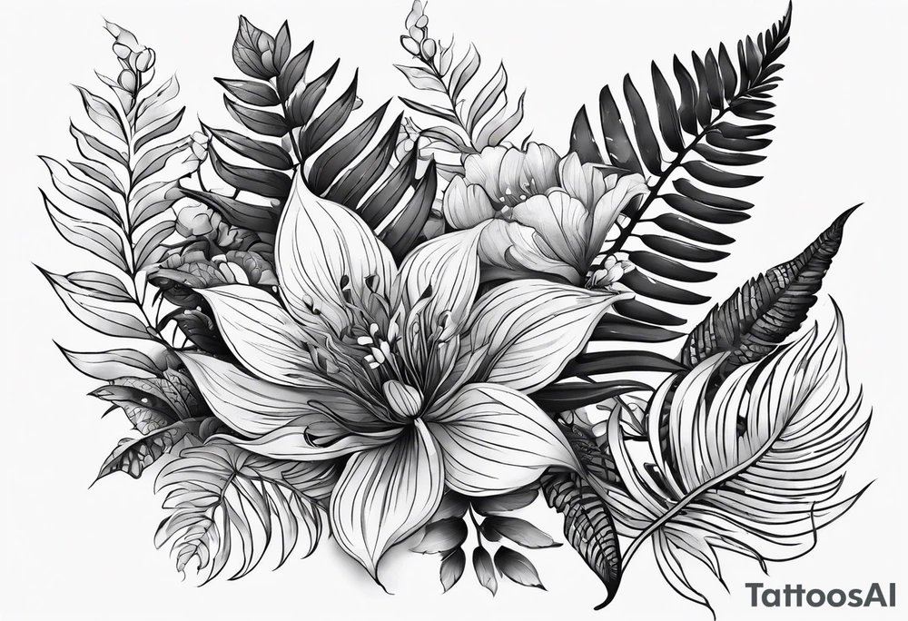 Fern leaf and flower tattoo idea