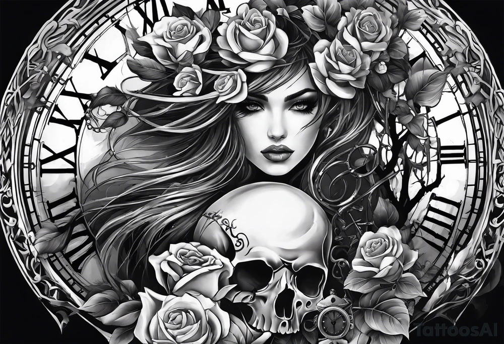 tattoo fool sleeve, tree roots break out of the chains, broken mask, clock with flying numbers, girl, skull, roses tattoo idea