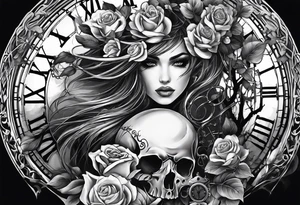 tattoo fool sleeve, tree roots break out of the chains, broken mask, clock with flying numbers, girl, skull, roses tattoo idea