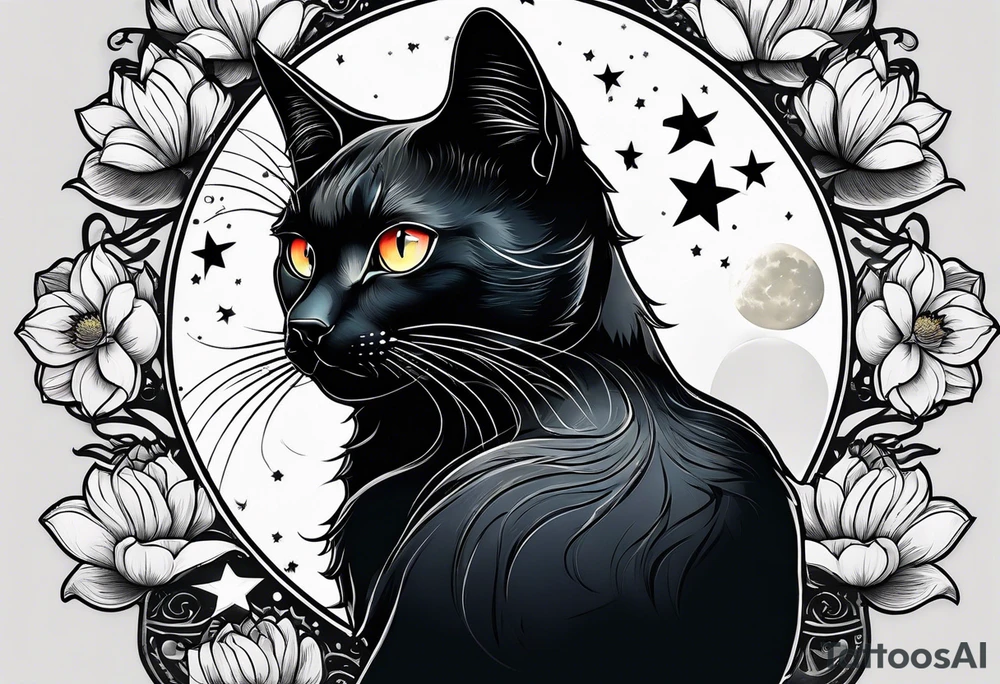 Photo realistic black cat head with moon and stars and lotus flower tattoo idea