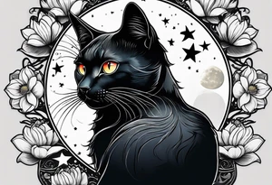 Photo realistic black cat head with moon and stars and lotus flower tattoo idea
