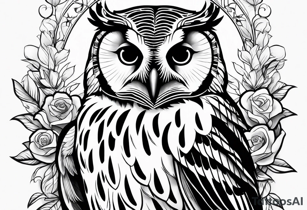 Barred owl with a single rose tattoo idea