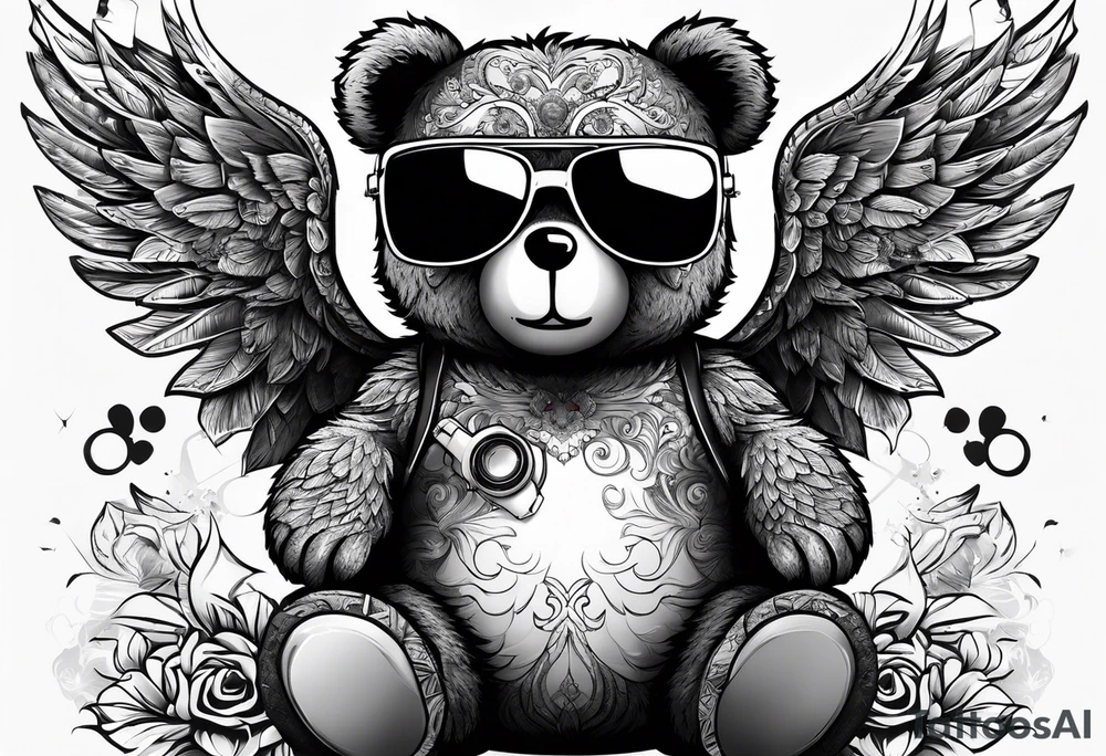 Teddy bear with wings wearing big sunglasses holding a hammer tool tattoo idea