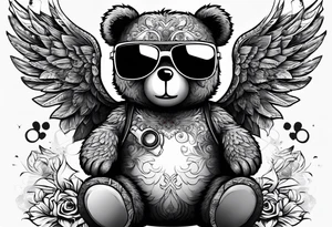 Teddy bear with wings wearing big sunglasses holding a hammer tool tattoo idea