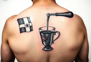 A simple stovetop espresso maker with a Dominican flag, tipped to pour coffee into a small Cuban coffee glass with a Cuban flag. Using shading to make the tattoo pop. tattoo idea