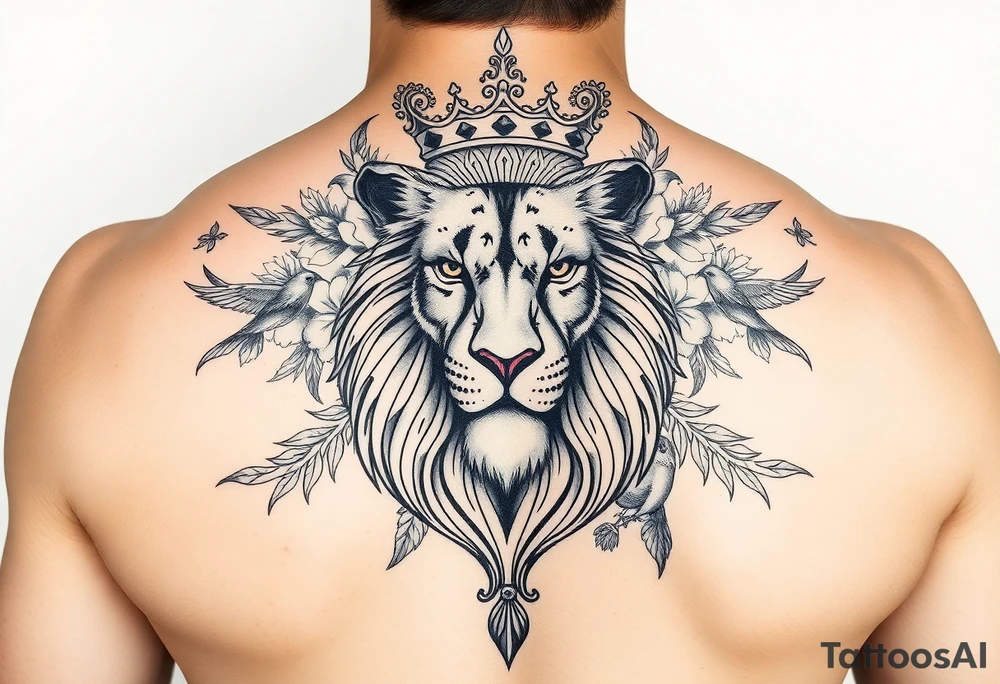 powerful majestic lion with a crown, surrounded by floral ornaments and birds tattoo idea