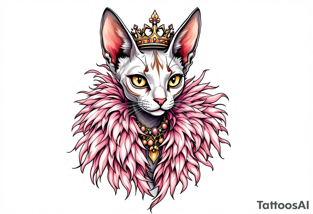 Glamorous sphinx cat with a pink feather boa and wearing a crown tattoo idea