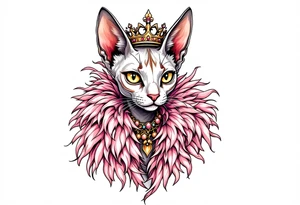 Glamorous sphinx cat with a pink feather boa and wearing a crown tattoo idea