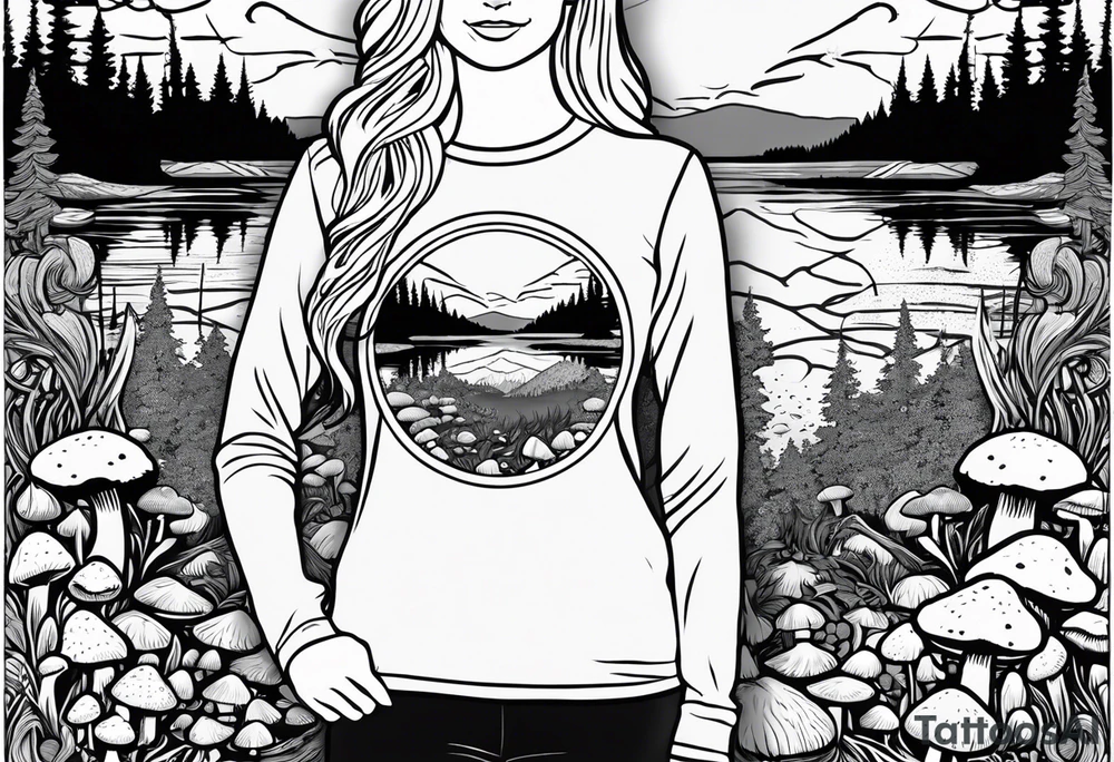 Whole picture encircled fully

Straight long blonde hair hippie girl in distance holding mushrooms in hand facing away toward mountains and creek surrounded by mushrooms long sleeve shirt and hiking pants; whole rendering within a full celtic circle border, no cut off circle tattoo idea