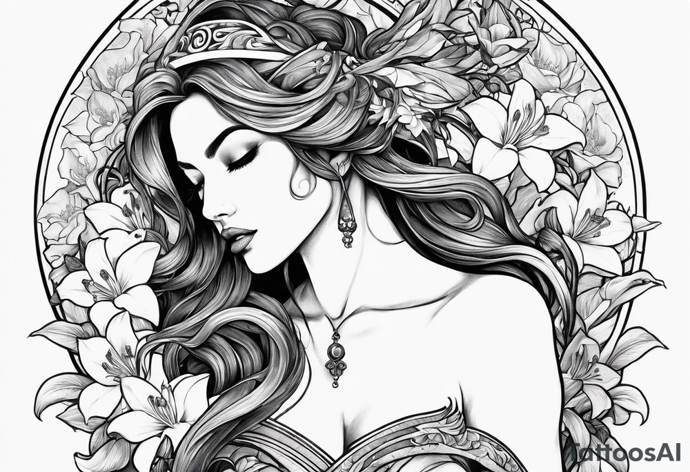 a side view of lilith holding a serpent and surrounded by lilies tattoo idea