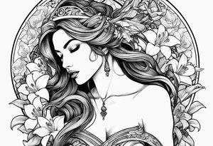 a side view of lilith holding a serpent and surrounded by lilies tattoo idea