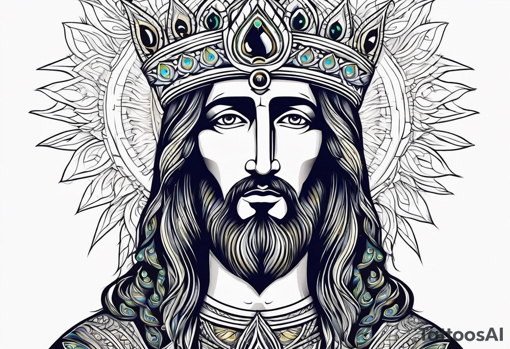 flat stern byzantine Christ with all-demanding eyes with a halo made of peacock feathers tattoo idea