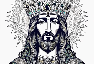 flat stern byzantine Christ with all-demanding eyes with a halo made of peacock feathers tattoo idea