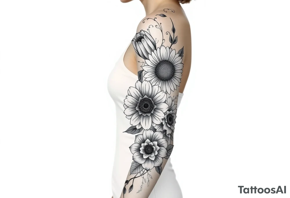 Create a design full sleeve arm tattoo with Tulip 
Sunflower ,Roses ,Bee ,Water,Fire ,Earth,Wind,Phoenix,Evil eye ,888 tattoo idea