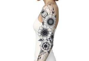 Create a design full sleeve arm tattoo with Tulip 
Sunflower ,Roses ,Bee ,Water,Fire ,Earth,Wind,Phoenix,Evil eye ,888 tattoo idea