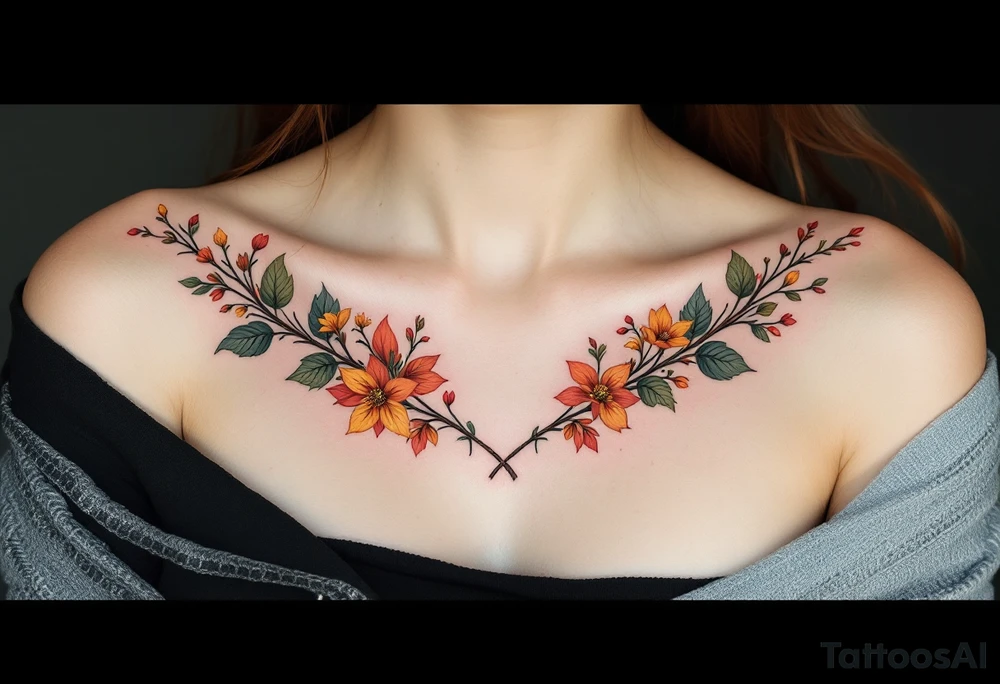 Two separate collarbone tattoos of long, stems and branches covered with red, orange, yellow and dark forest green leaves and flowers, fall themed, muted, delicate and gentle but moody, long and thin, following the collarbone. More muted, not so bright, darker colors tattoo idea