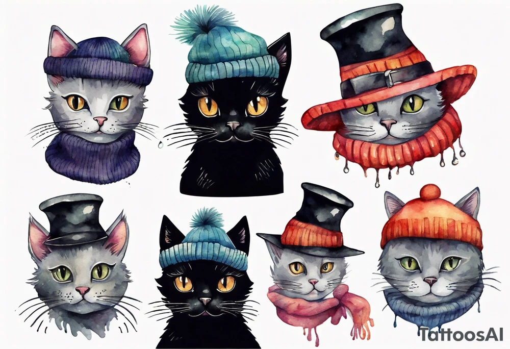 black cat with a funny hat and sweater tattoo idea