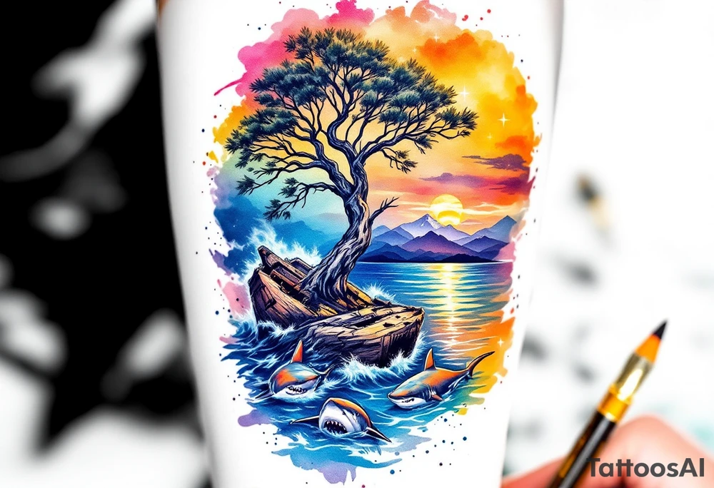 tattoo that has an acacia tree with mountains, ocean with a ship wreck with sharks and the northern star tattoo idea