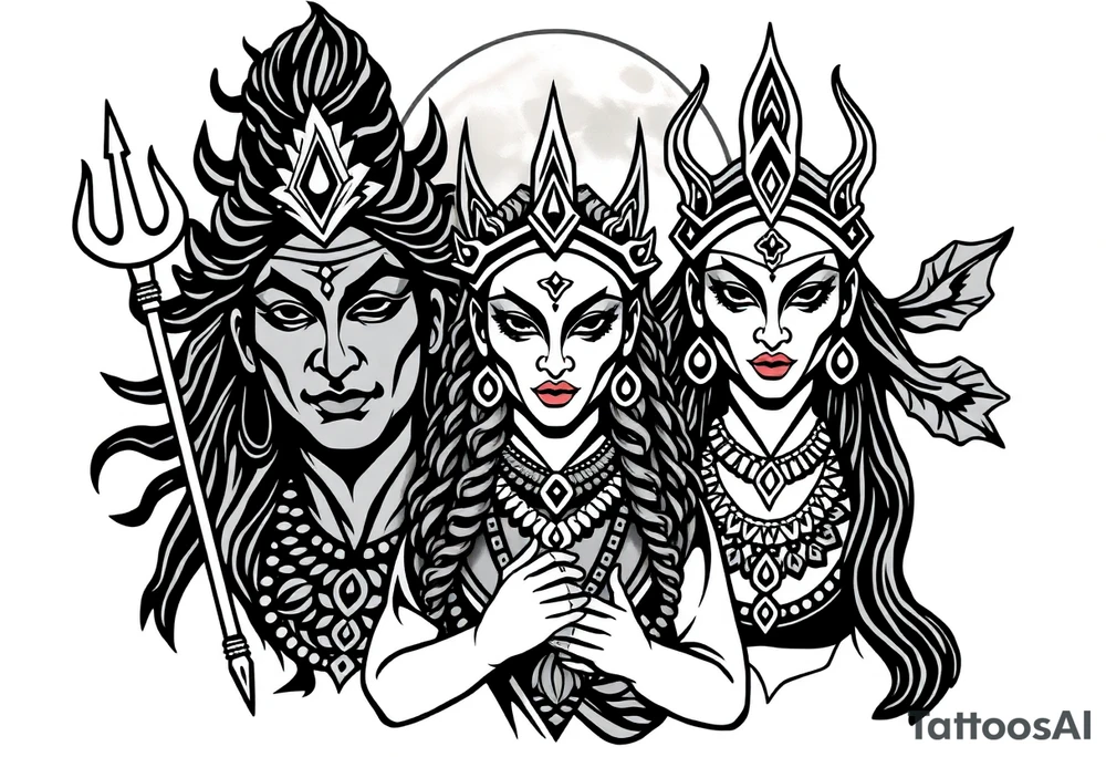 Lord Shiva, Godess Kali, Godess Lilith Together with the moon in the background tattoo idea