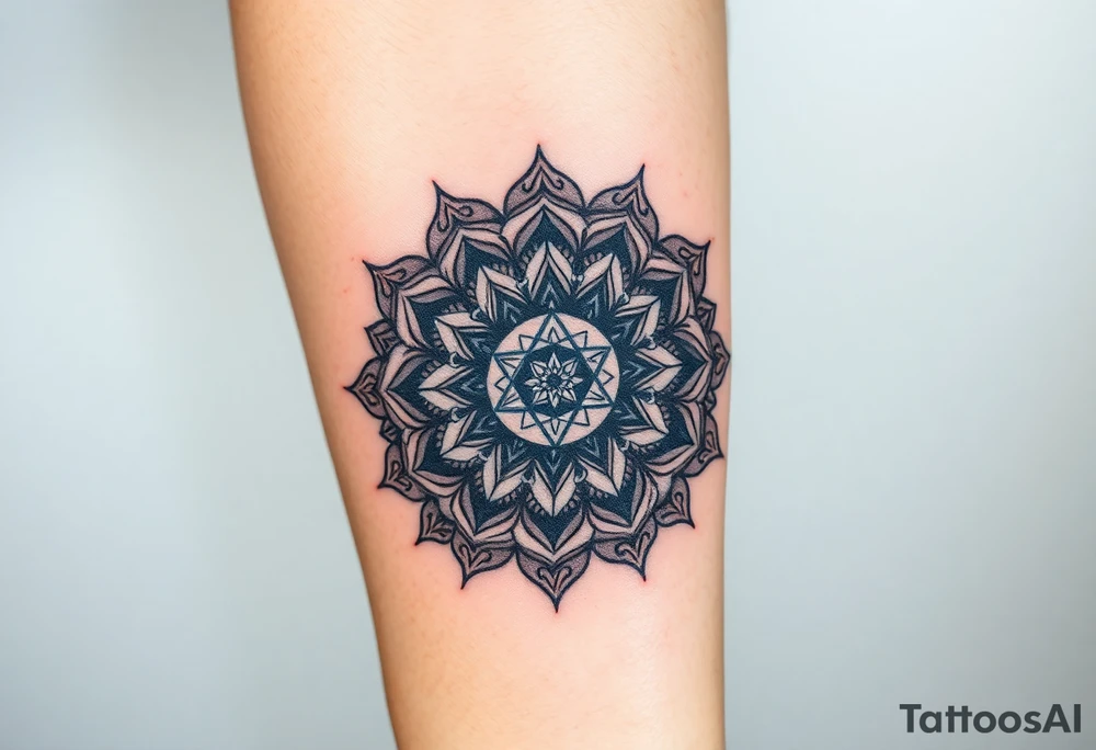 intricate mandala with sacred geometry and cosmic elements with honey combs filling in blank space tattoo idea