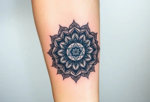 intricate mandala with sacred geometry and cosmic elements with honey combs filling in blank space tattoo idea