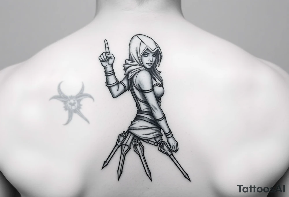 Assassin girl, standing from side with one raised hand tattoo idea