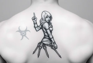 Assassin girl, standing from side with one raised hand tattoo idea