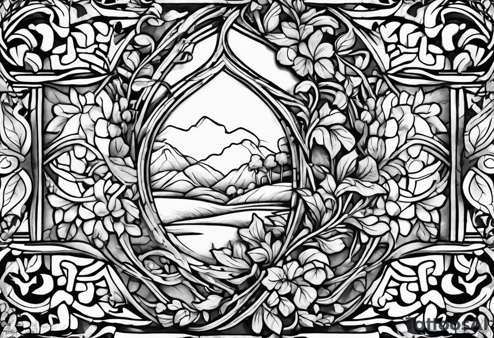 stone road leafy vines tattoo idea