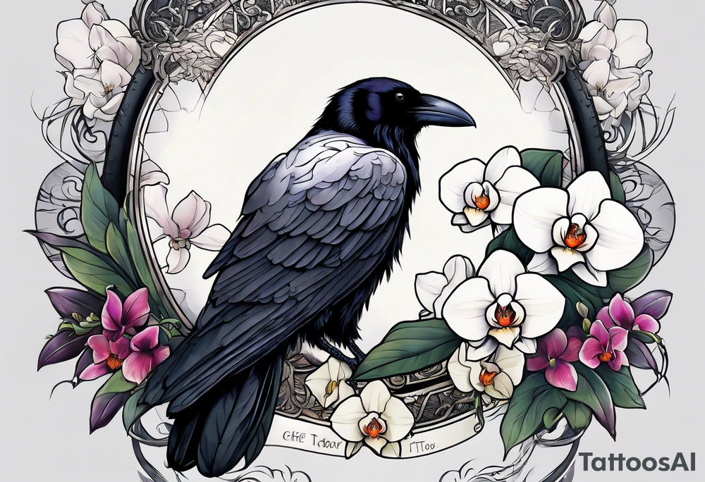 A sleeve with a a Raven A white orchid saying 1990 and something showing change with the Raven tattoo idea