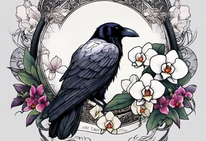 A sleeve with a a Raven A white orchid saying 1990 and something showing change with the Raven tattoo idea