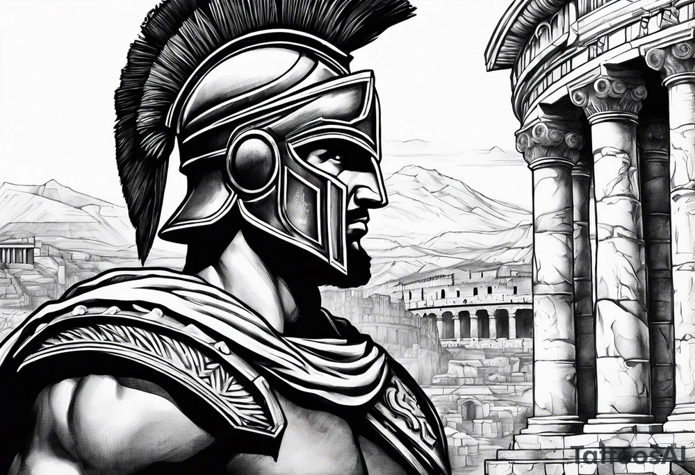 Side profile Spartan Solider ancient roman city in the background tattoo idea