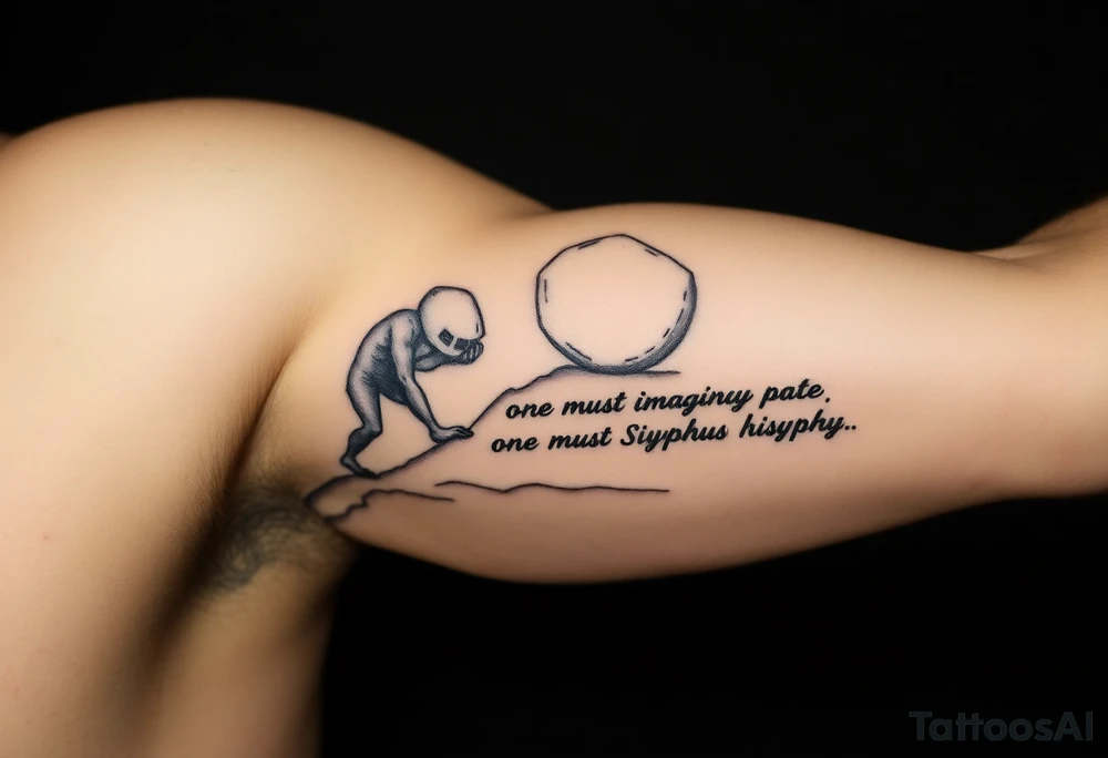 I want to get a tattoo. Unsure of where so give me ideas. It’s centered around the myth of Sisyphus and need help with how to design it. But I know I want it to resemble the story so maybe a man pushing a boulder up a hill with a couple other tiny details. Then I want the words from the quote “one must imagine Sisyphus happy.” I want ideas for a design that will encapsulate the story of Sisyphus tattoo idea