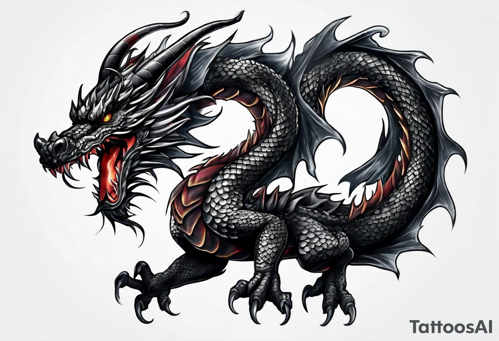 Full body black dragon wrapping around arm tattoo idea