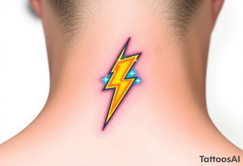 A bold, electrifying lightning bolt tattoo, designed with sharp, angular edges and a dynamic, jagged shape. The bolt glows with an intense neon yellow core, fading into electric blue at the edges, creating a powerful energy effect. tattoo idea