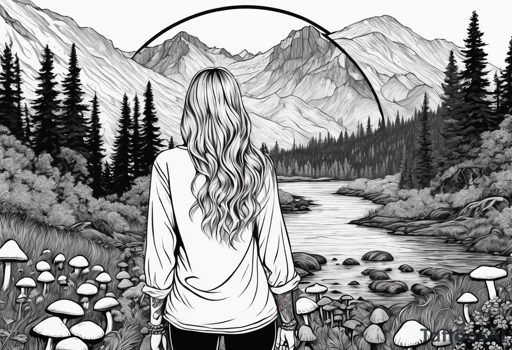 Whole picture encircled fully

Straight long blonde hair hippie girl in distance holding mushrooms in hand facing away toward mountains and creek surrounded by mushrooms long sleeve shirt and hiking pants; whole rendering within a full circle, no cut off circle tattoo idea