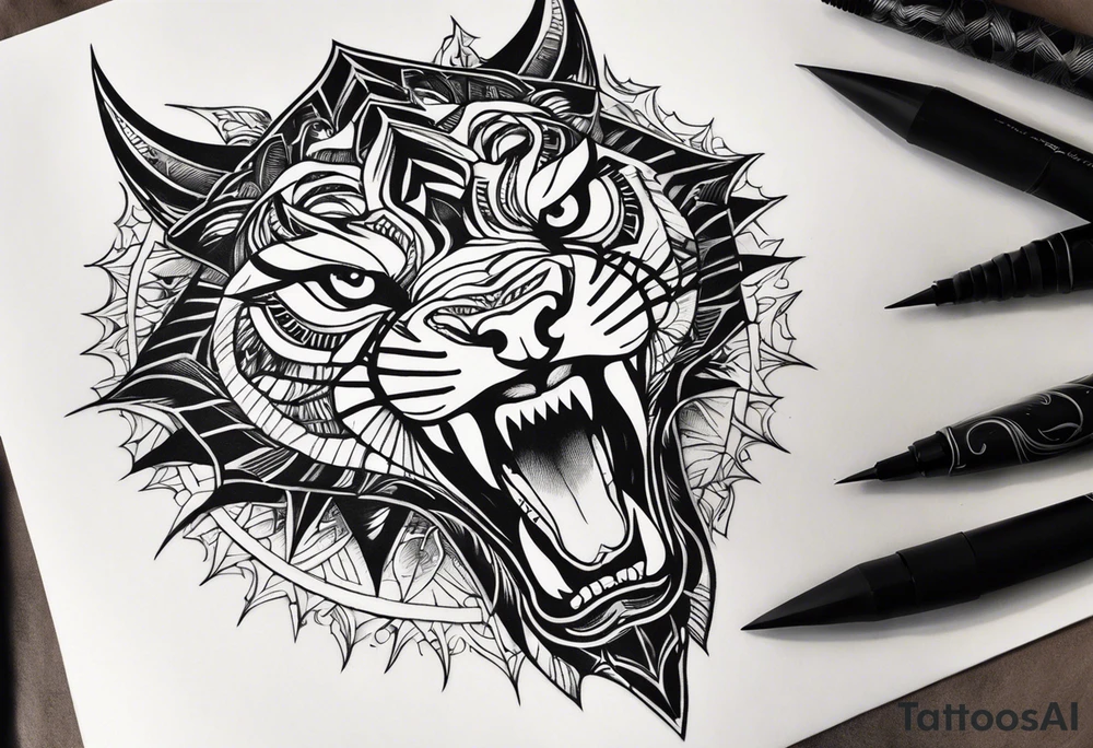 A tattoo for the knee featuring the face of a mythological creature, with fierce, exaggerated features like sharp fangs, intense eyes, and a wild expression. From its eyes, beams of light or energy radiate outward in a dynamic pattern. The design should feel bold and powerful, flowing naturally with the shape of the knee. tattoo idea