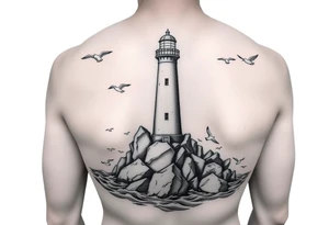 Lighthouse surrounded by boulders in the sea with high waves and seagulls flying around tattoo idea