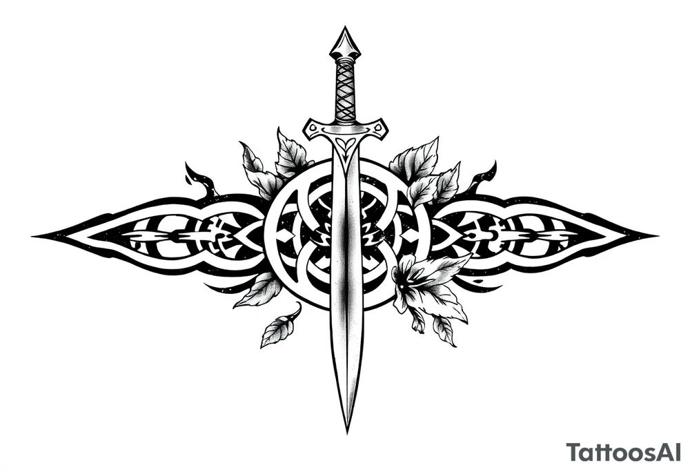 Armband tattoo combining a Celtic knot with a sword and nature tattoo idea