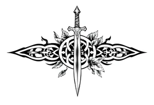Armband tattoo combining a Celtic knot with a sword and nature tattoo idea