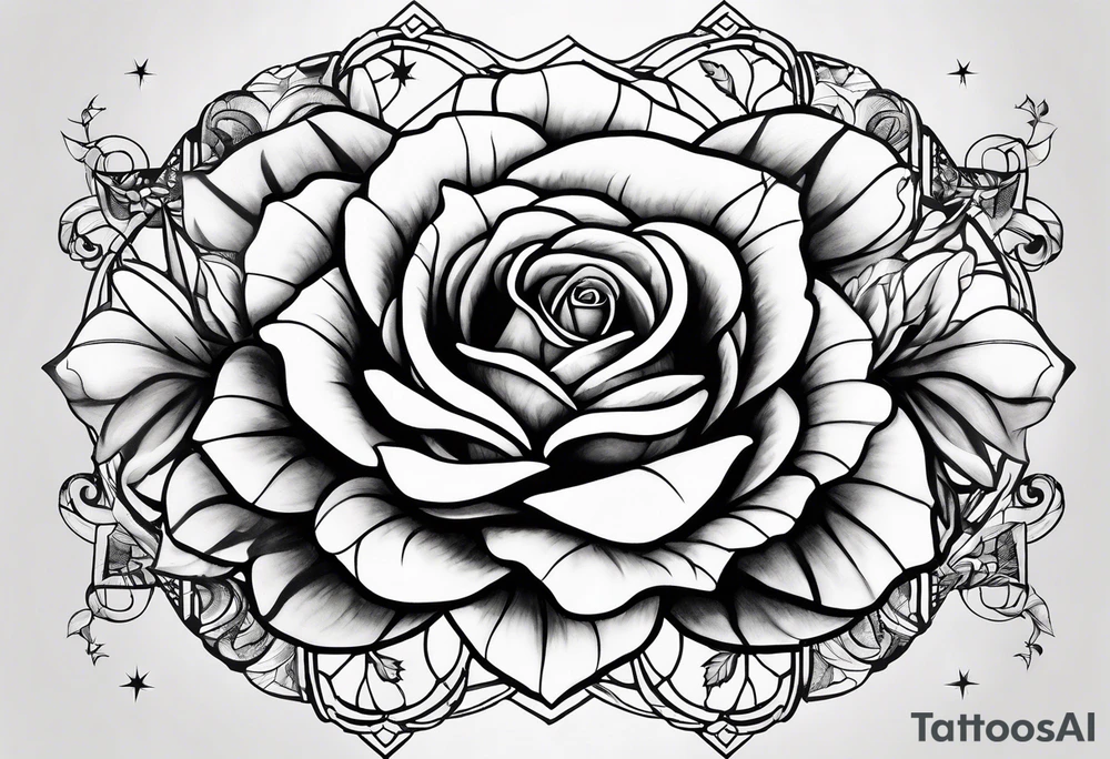 Tesseract with big roses and small stars around it tattoo idea