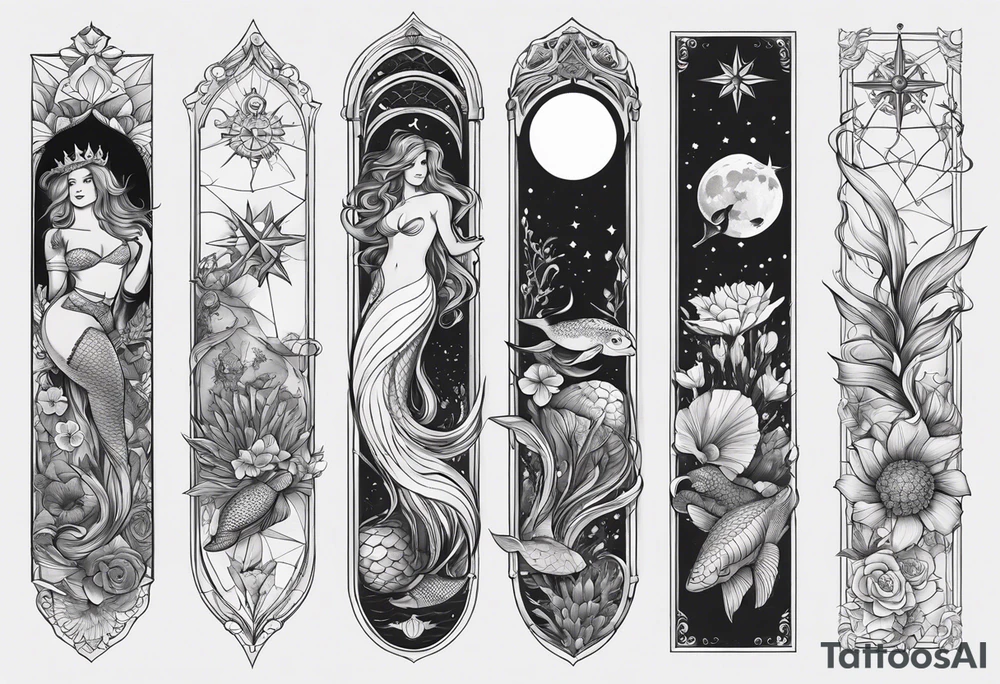 Lower leg tattoo. Mermaid with trident and crown, sea turtle, compass, shells, flowers, cresent moon tattoo idea