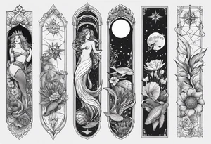Lower leg tattoo. Mermaid with trident and crown, sea turtle, compass, shells, flowers, cresent moon tattoo idea